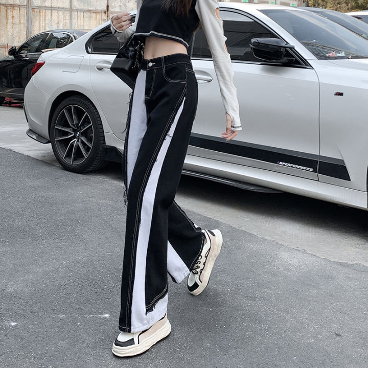 korean-version-of-high-waist-jeans-women-loose-casual-straight-wide-leg-pants-contrast-color-design-trousers