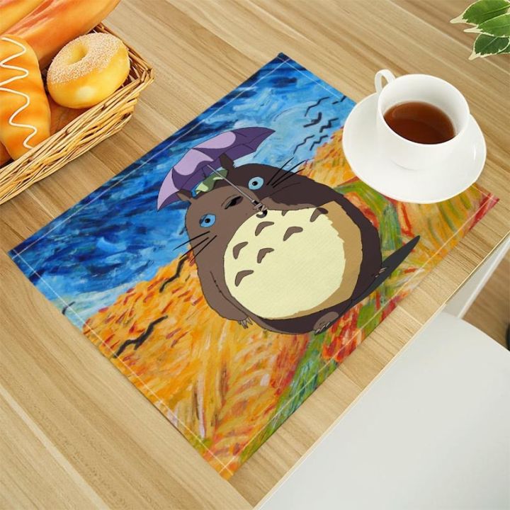 totoro-เสื่อโต๊ะทานอาหารผ้าลินินพิมพ์ลายแผ่นรองในครัวตัวอักษร30x40cm-จานรองแก้วแผ่นรองแก้วชาม