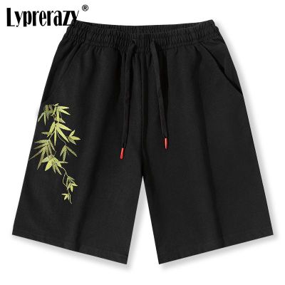 Lyprerazy Summer National Tide Bamboo Leaf Embroidery Casual Shorts Mens Loose Straight Chinese Style Shorts