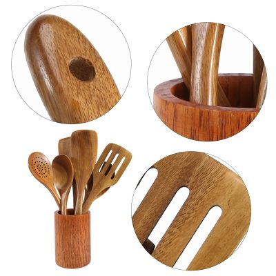 9 PCS Wooden Spoons for Cooking, Wooden Utensils for Cooking with Utensils Holder, Teak Wooden Kitchen Utensils Set