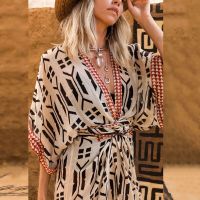 2023 Bohemian Printed Bikini Cover-ups Elegant Self Belted Kimono Dress Tunic Women Plus Size Beach Wear Swim Suit Cover Up