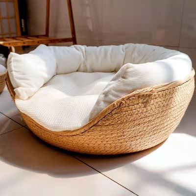 s Bed Sofa Bamboo Weaving Four Season Cozy Nest Baskets Waterproof Removable Cushion Cat Mat Kennel Dog Beds Accessories