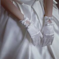 ₪ Women White Satin Bridal Gloves Ribbon Bow Short Full Finger Wedding Accessories Gloves Solid Color Simple Below Elbow Length