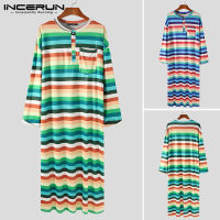 Beehoo INCERUN Mens Long Sleeve Striped Bathrobe Casual Loose Long Pajamas Dress