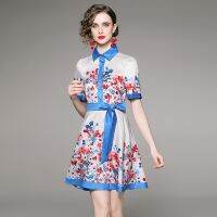 Fashion All-Match Waist Slimming Positioning Printed Short-Sleeved Dress (with Belt)