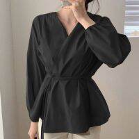 CELMIA Women Ruffles Hem V Neck Long Sleeve Wrap Blouses