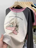 Spring and autumn raglan sleeve letter long-sleeved T-shirt womens lazy style Korean style loose and thin cartoon print contrast color top