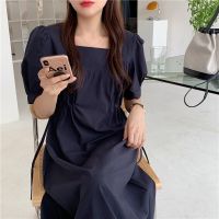 ⊕❃✧ 44126 Korean Version French Style Square Neck Puff Sleeve Solid Color Lace-Up Temperament Dress Half-Sleeved