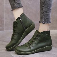 Women PU Leather Ankle Boots Cross Strappy Vintage Women Punk Boots Flat Ladies Shoes