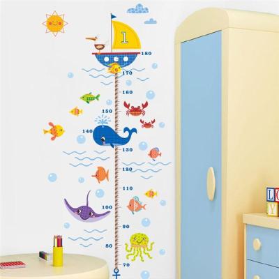 Cartoon Shark Fish Boat height measure wall sticker for kids room pvc growth chart wall decals posters mural Bathroom Decor