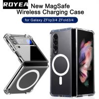 Royea Magnetic Clear Case สำหรับ Samsung Galaxy Z Flip 4 Z Flip 3 Z พับ4 Z พับ3ใช้งานร่วมกับ MagSafe Card Wallet Wireless Charger กันกระแทก Drop-Proof TPU Hard Case