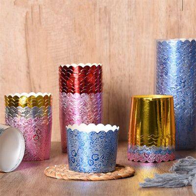 25Pcs Shining Bronzing Flower Pattern Foil Cupcake Paper Holders Wedding Decoration Wrapper Wraps Cake Box Muffin Holders