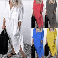 Summer Shirt Long Dress Women Casual Long Sleeve Side Split Button Dresses 2023 Female Elegant Solid Color Pocket Loose Dresses