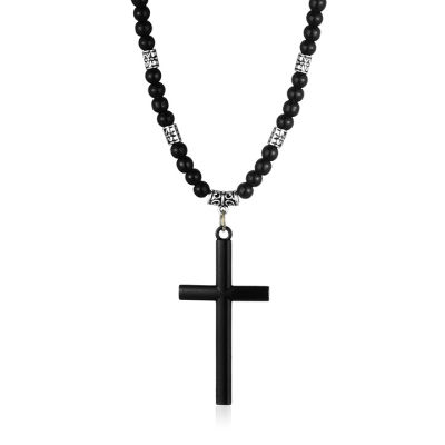 Retro Cross Pendant Necklace Stone Beads Chain for Women Mens Gift Genuine Leather Adjustable Collar Cord Necklace Jewelry CN05