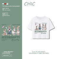 เสื้อสั้นหลวม CHIC น่ารักจิงโจ้พิมพ์เสื้อยืดแขนสั้นสบาย ๆ A1761