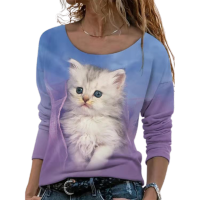 Womens Fashion T-shirt Loose Long Sleeve Round Collar Cute Cat Printed Shirts Oversize Casual Ladies Tops