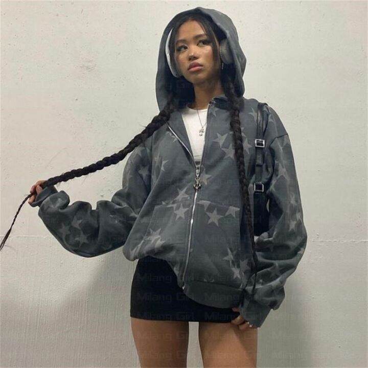2000s Grunge Hoodie y2k Aesthetic Women Print Long Sleeve Hooded Tops Loose  Zipper Sweatshirt E Girl Wear Punk Gothic Clothes | Lazada