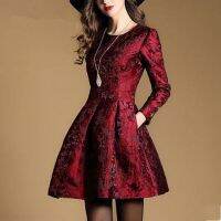 【YF】 2022 New Autumn Long Sleeve Jacquard Dress Work Casual Party Slim O-neck Printing Dresses Women A-line Vintage Vestidos Spring