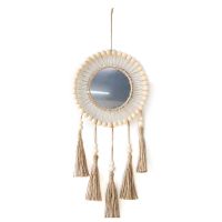 Wall Mirror Hanging Wall Mirror with Wood Beads Fringe Handmade Round Decoration