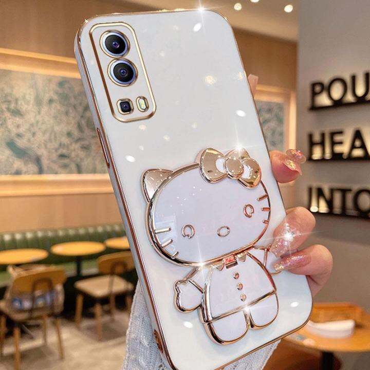 folding-makeup-mirror-phone-case-for-vivo-y72-5g-y52-5g-case-fashion-cartoon-cute-cat-multifunctional-bracket-plating-tpu-soft-cover-casing