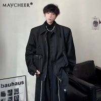 MAYCHEER   แผ่นรองไหล่ซามูไรสีดำแจ็คเก็ตสั้นเครื่องแบบเบสบอลหล่อเสื้อแจ็คเก็ตบอมเบอร์ระดับสูงของผู้ชาย