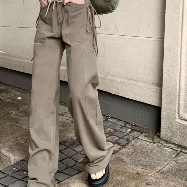 เอวสูงกางเกงคาร์โก้ย้อนยุคผู้หญิงใหม่ธรรมดาหลายกระเป๋าผ้าพันแผลขากว้างตรงลำลองผ้าฝ้ายสีเขียวสีเบจ