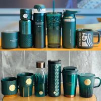 Starbucks Cup สีเขียวเข้ม ป้ายชื่อเทพธิดา ลาย Mark Desktop แก้วฟาง ฉนวนกันความร้อนสแตนเลส ถ้วยดื่ม