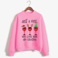 Funny Christmas Womens Sweatshirt Just A Girl Who Loves Wine and Christmas Print Casual Hoodies Fashion Warm Female Streetwear