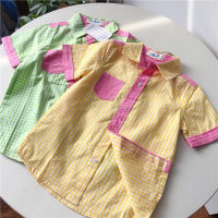 เสื้อเด็ก เสื้อ เสื้อเชิ้ตเด็กแขนสั้น ลายสกอต สีพาสเทล มีไซร์ 110-150 (พร้อมส่ง) .