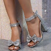 Xibeilove 2023 New Luxury Women Sandals Shiny Bow Sequins Gold Silver Buckle Thick Heels High Heels Party Wedding Shoes