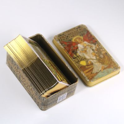 En Art Nouveau ไพ่ทาโรต์ในกล่องโลหะขอบทองพร้อม E-Guide หนังสือสำหรับผู้เริ่มต้นเกมกระดานสำหรับ