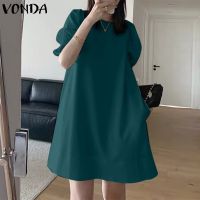 ☑☫✺ VONDA Women Summer Korean Half Sleeve Casual Crew Neck Plain Pleated Mini Dress