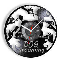 Dog Grooming Salon Sign Vinyl Record Wall Clock Poodle Puppy Pet Shop Decor Dog Baths Haircuts Nail Trimming Retro Wall Watch