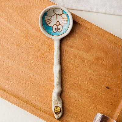 Japanese Creative Hand-painted Cartoon Cat Ceramic Spoon Handwork Clay Small Soup Spoon Dessert Ice Cream Scoop Tableware Serving Utensils