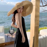 Beach dress sense of female goddess of seaside on plastic temperament backless dress show thin neck hung black dress