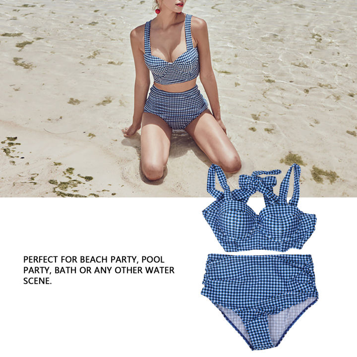 ชุดว่ายน้ำชุดว่ายน้ำทูพีซสองชิ้นสตรีการพิมพ์ลายสก๊อตสีน้ำเงินสำหรับฉากน้ำ