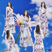 P18572 Jumpsuit จั๊มสูทขาสั้น คอวีแขนกุด ลายไพ่ + สายผูก