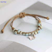 ?【Lowest price】SUTAI แฟชั่นสร้อยข้อมือเซรามิกถักแบบเรียบง่ายปรับได้เครื่องประดับมือสไตล์พื้นเมืองผีเสื้อทำด้วยมือเครื่องประดับมือ