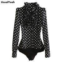 ▥ New Hot Fashion Korea Style Vintage Chiffon Polka Dots Women 39;s Body Blouse Tops Shirt Stand Collar Ruffles S M L XL SY0185