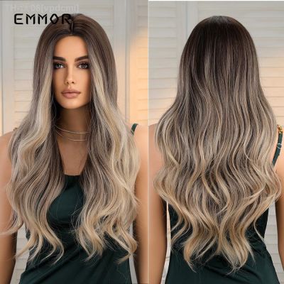 Emmor Ombre Brown Blonde Hair Wig Long Wavy Wigs for Woman Cosplay Natural Good Quality Synthetic WIg High Temperature Fiber [ Hot sell ] vpdcmi