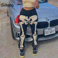 Gitana 2021 Autumn Skeleton Print Vintage Womens Jeans Low Waist Pants Streetwear Denim Jeans Casual Baggy Jeans Outfits