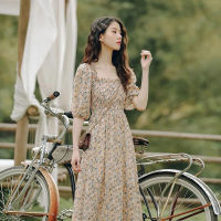 Spot parcel post2023 Summer Gentle Dress Korean Style Square Collar Pleated High Waist Puff Sleeve Chiffon Floral Dress Long