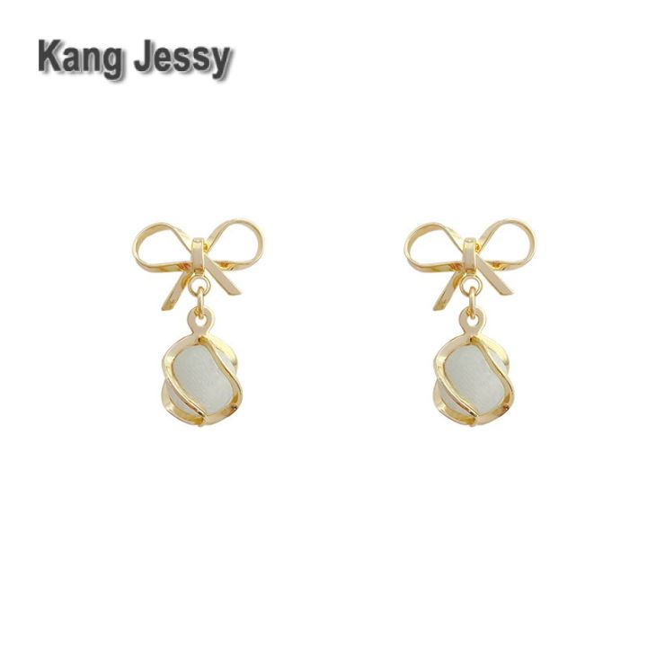 kang-jessy-ต่างหูโอปอลโบว์สำหรับผู้หญิงต่างหูบุคลิกภาพหรูหราเบาๆดีไซน์เฉพาะกลุ่มเครื่องประดับหูที่นิยมในโลกออนไลน์