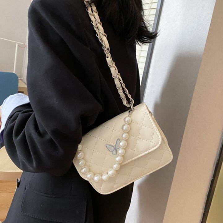 lilos-bags-กระเป๋าสะพายไหล่-หนังพรีเมี่ยม-กระเป๋าผู้หญิง-กระเป๋าแฟชั่น-กระเป๋ามุก-รูปแบบเพชร-กระเป๋าสะพายผีเสื้อ