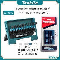 Makita ชุดดอกสว่านกระแทก10ชิ้น E-14233 50มม. 1/4 "ดอกสว่านแม่เหล็ก PH1 PH2 PH3 T25 T20 T15