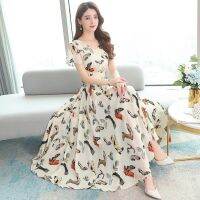 【CW】 Silk Large Size Floral Printing Skirt V Neck Short Sleeves