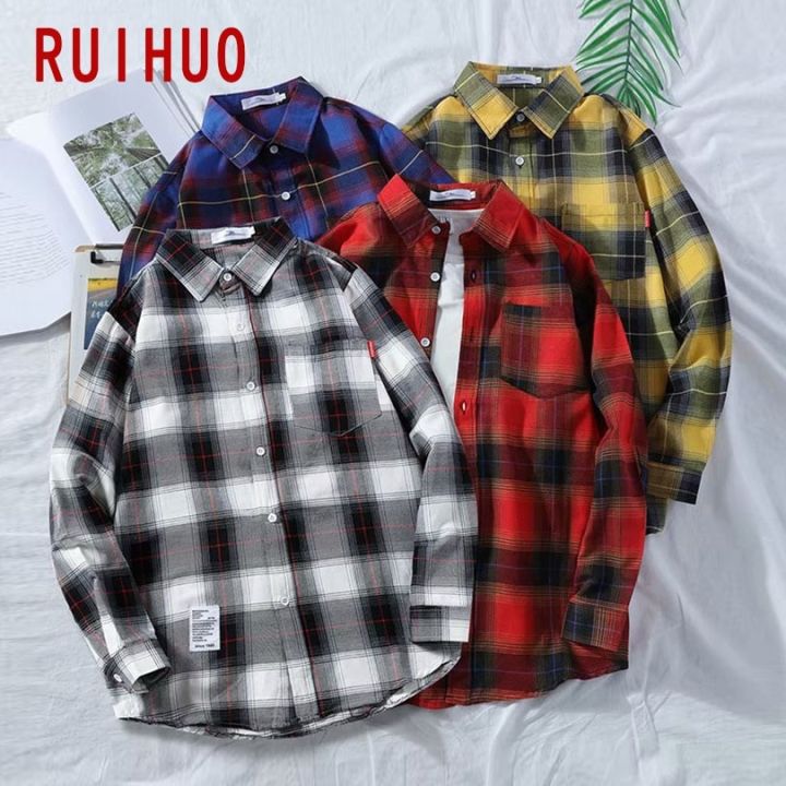 เสื้อผ้าเสื้อผู้ชายลายสก๊อต-ruihuo-สำหรับผู้ชายเสื้อเชิ้ตผู้ชายสไตล์เกาหลีเสื้อเกาหลีฮาราจูกุแขนยาวเสื้อเชิ้ตลายสก๊อต3xl-ฤดูใบไม้ผลิ