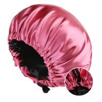 Adjustable Double Layer Satin Bonnet Nightcap Doubleside Women Round Shower Cap Night Sleep Polyester Hat Solid Black Lining