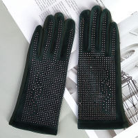 Fashion Womens Diamond Full Finger Touch Screen Gloves Winter Plus Velvet Warm Driving Gloves Suede Thick Rhinestone Gloves D72