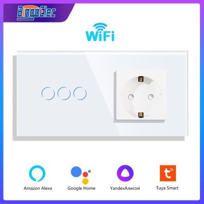 hot！【DT】 Bingoelec Wifi Wall Switches with Socket Glass Panel 1/2/3Gang Tuya App